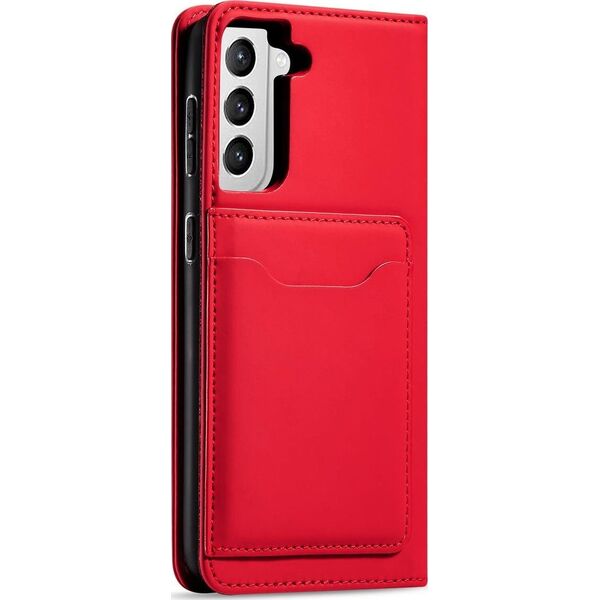 Hurtel Magnet Card Case etui do Samsung Galaxy S22+ (S22 Plus) pokrowiec portfel na karty kartę podstawka czerwony 11542330 9145576251331