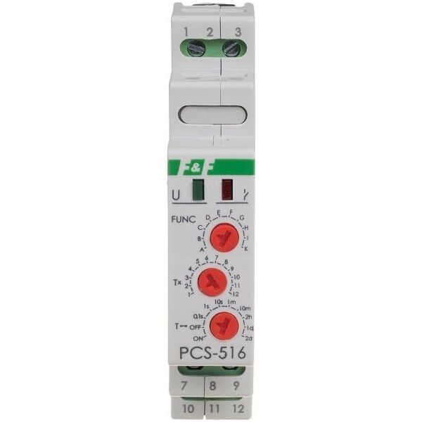 Przekaźnik czasowy 10-funkcyjny F&F PCS-516AC 0,1s-576h 2A 1NO 85-265V AC/DC triak na szynę DIN 11622013 5902431670225