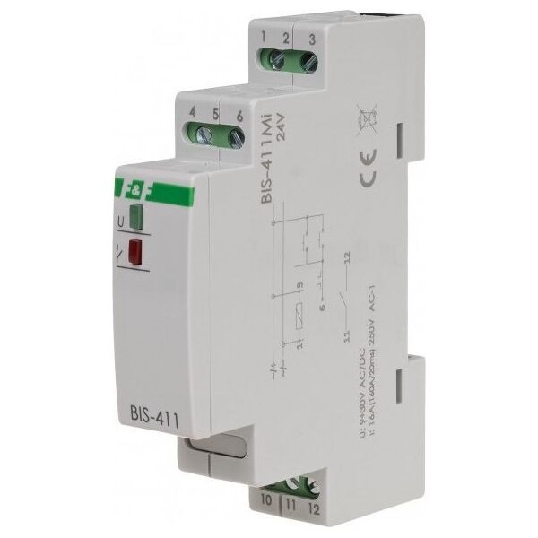 Przekaźnik bistabilny F&F BIS-411M-LED-24V 16A 1NO 9-30V AC/DC do LED z pamięcią pozycji styku na szynę DIN 11622018 5902431670102