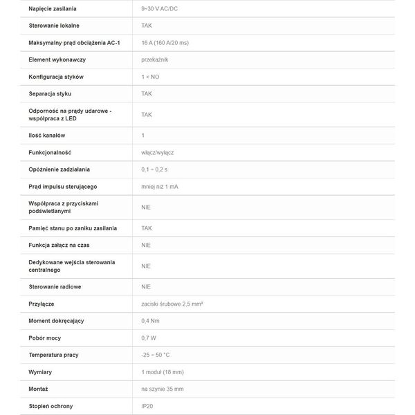 Przekaźnik bistabilny F&F BIS-411M-LED-24V 16A 1NO 9-30V AC/DC do LED z pamięcią pozycji styku na szynę DIN 11622018 5902431670102