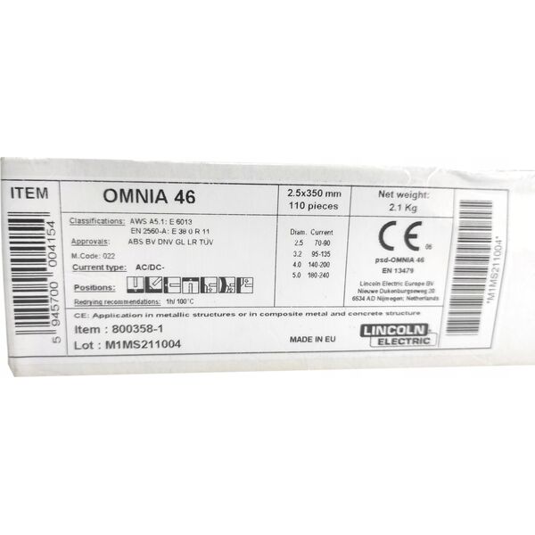 Lincoln Electric ELEKTRODA RUTYLOWA 2,5mm 350mm 2,1kg OMNIA 46 LINCOLN ELECTRIC 11737319 5945700004154