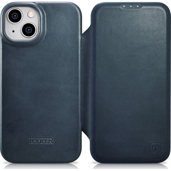 iCarer iCarer CE Oil Wax Premium Leather Folio Case skórzane etui iPhone 14 z klapką magnetyczne MagSafe niebieski (AKI14220705-BU) 12299849 6975092684435