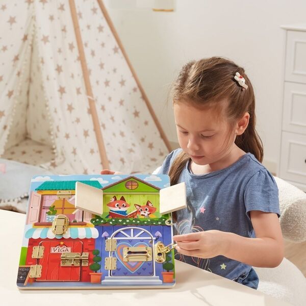 Viga Montessori Drewniana Tablica Manipulacyjna Zamek i Zatrzask Dom 12312538 6971608446535