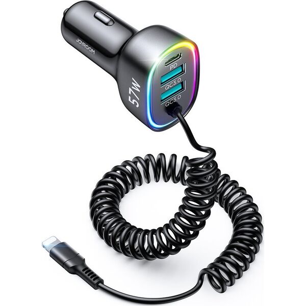 Ładowarka Joyroom Ładowarka samochodowa Joyroom 4w1 PD, QC3.0, AFC, FCP + kabel Lightning 1,6m 57W czarny (JR-CL20) 12321800 6941237198969