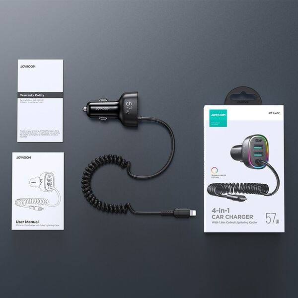 Ładowarka Joyroom Ładowarka samochodowa Joyroom 4w1 PD, QC3.0, AFC, FCP + kabel Lightning 1,6m 57W czarny (JR-CL20) 12321800 6941237198969