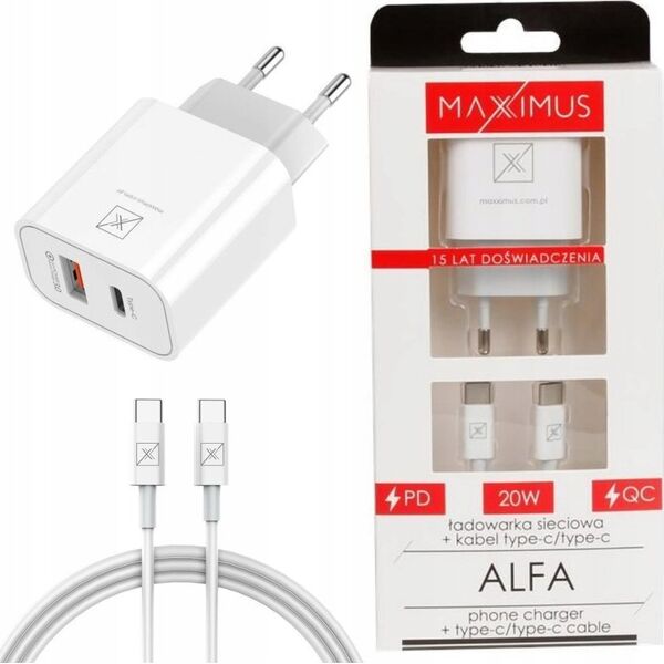Ładowarka Maxximus ŁAD. SIECIOWA MX ALFA 20W PD+QC, USB-A+C + KABEL C/C 20W PD, WHITE/BIAŁY 12419849 5901313560791