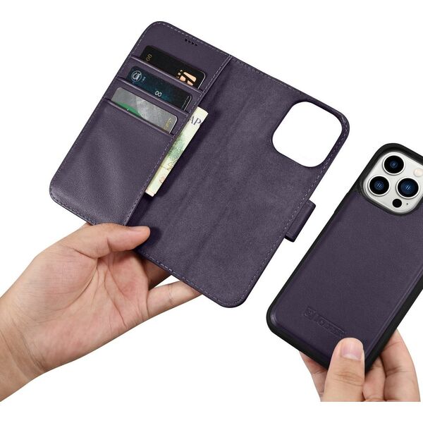 iCarer iCarer Wallet Case 2in1 etui iPhone 14 Pro Max skórzany pokrowiec z klapką Anti-RFID ciemnofioletowy (WMI14220728-DP) 12521130 6975092686385