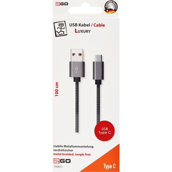 Kabel USB 2GO USB-A - USB-C 1 m Czarno-srebrny (795812) 12523383 4010425958127