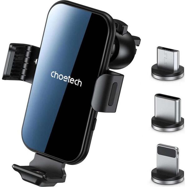 4kom.pl Uchwyt samochodowy Choetech Holder do auta na telefon z ładowarką indukcyjną QI na kratkę + magnetyczne końcówki Czarny 12564467 6932112102119