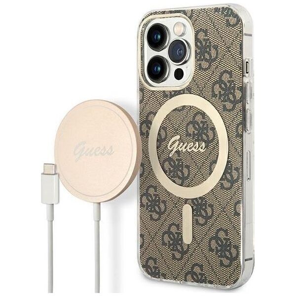 Ładowarka Guess Zestaw Guess etui + ładowarka bezprzewodowa GUBPP13LH4EACSW Apple iPhone 13 Pro brązowy/brown hard case 4G Print MagSafe 12568569 3666339102876