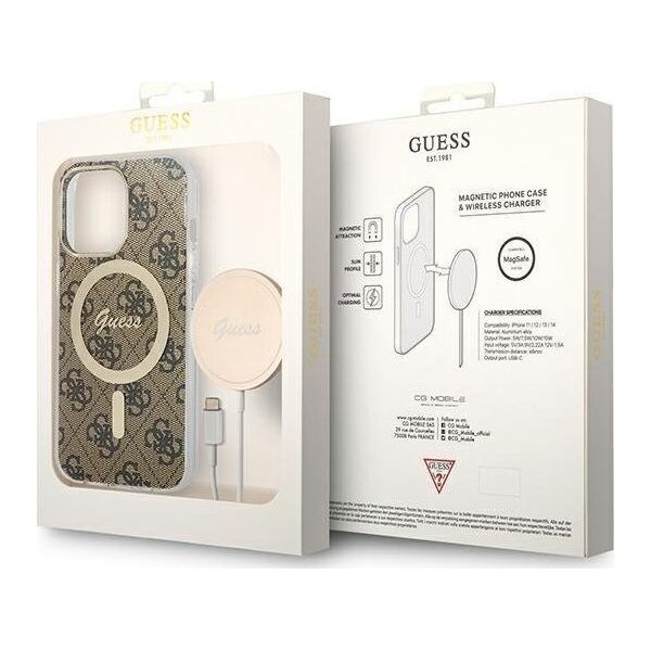 Ładowarka Guess Zestaw Guess etui + ładowarka bezprzewodowa GUBPP13LH4EACSW Apple iPhone 13 Pro brązowy/brown hard case 4G Print MagSafe 12568569 3666339102876