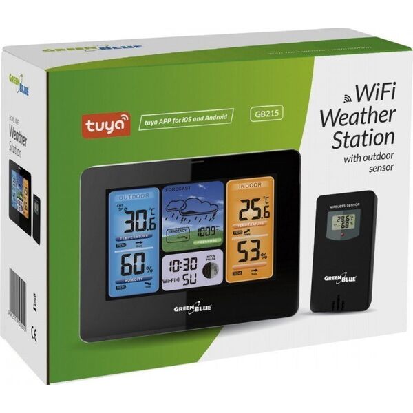 Stacja pogodowa GreenBlue Stacja pogodowa WiFi GreenBlue, zgodna z TUYA, czujnik zewnętrzny, kalendarz, prognoza pogody, barometr, GB215 12572387 5902211124207