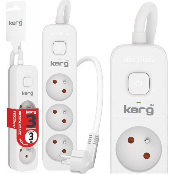 Kerg Przedłużacz KERG z wyłącznikiem-3 gniazda-biało-szary-3m-16A-H05VV-F-3x1,5mm2 12613442 5901791131353