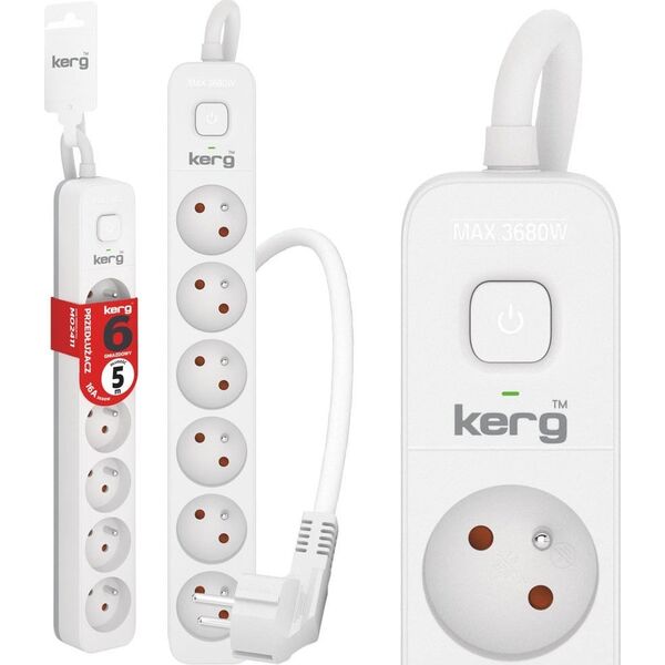 Kerg Przedłużacz KERG z wyłącznikiem-6 gniazd-biało-szary-5m-16A-H05VV-F-3x1,5mm2 12613474 5901791161558