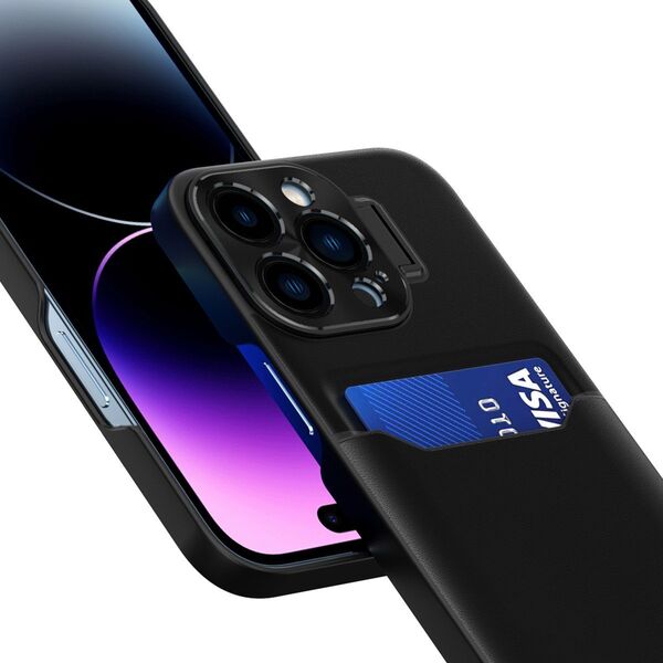 Hurtel Leather Stand Case etui do iPhone 14 Pro Max pokrowiec portfel na kartę z podstawką czarne 12718455 9145576269756