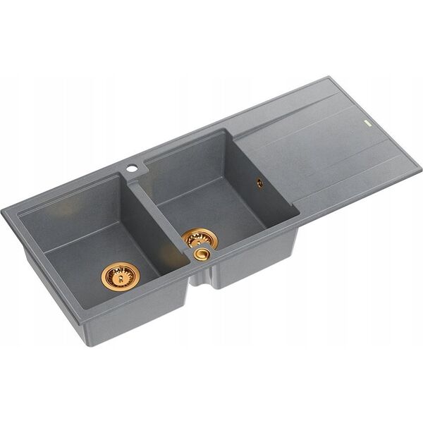 Zlewozmywak GraniteQ EVAN 121 GraniteQ zlewozmywak z syfonem Push To Open 2-komorowy z/o (1160x500x210| kom. 420x340) silver stone / elementy miedziane 12945674 5904310998383