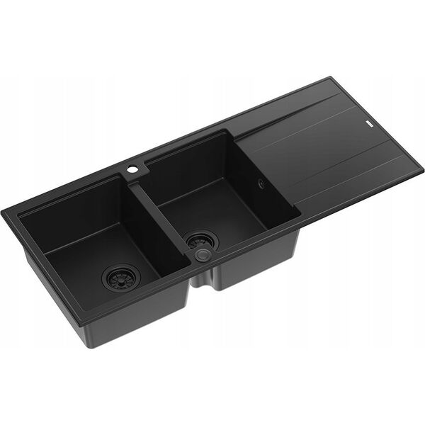 Zlewozmywak GraniteQ EVAN 121 GraniteQ zlewozmywak z syfonem Push To Open 2-komorowy z/o (1160x500x210| kom. 420x340) pure carbon / elementy pure carbon 12945678 5904310998406