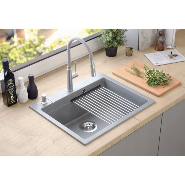 Zlewozmywak GraniteQ Quadron | KURT 110 | kuchenny zlewozmywak granitowy CZARNY kropkowany | wymiary: 59,5 x 50 x 21,5 cm | akcesoria: syfon, dozownik, deska, Qmata | 1-komorowy wpuszczany | podbudowa szafki: od 60 cm 12945682 5904310998543