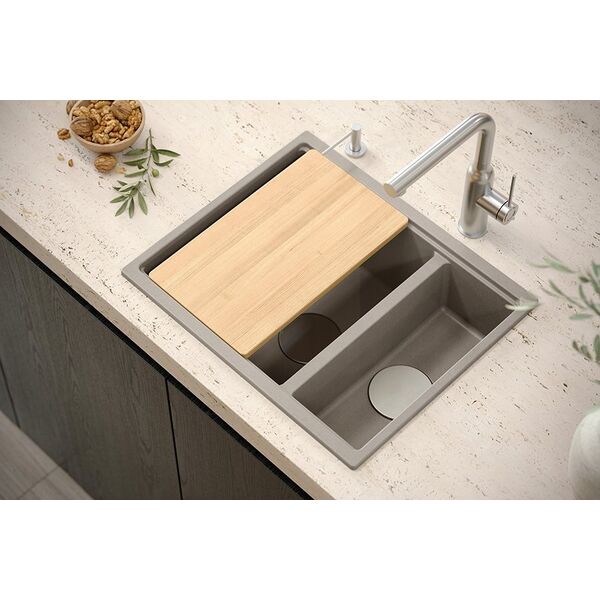 Zlewozmywak GraniteQ QUADRON | LOGAN 150 | granitowy zlewozmywak kuchenny BIAŁY + MIEDŹ PVD | wymiary: 56 x 46 x 22 cm | 1,5-komorowy podwieszany | podbudowa szafki od: 60 cm 12945687 5904310998741
