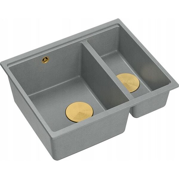 Zlewozmywak GraniteQ QUADRON | LOGAN 150 | granitowy zlewozmywak kuchenny SZARY + ZŁOTO PVD | wymiary: 56 x 46 x 22 cm | 1,5-komorowy wpuszczany | podbudowa szafki od: 60 cm 12945693 5904310999106