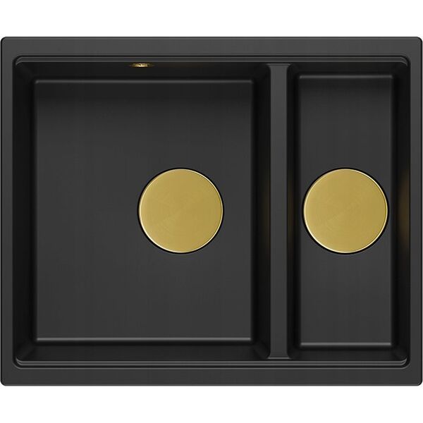 Zlewozmywak GraniteQ QUADRON | LOGAN 150 | granitowy zlewozmywak kuchenny CZARNY mat + ZŁOTO PVD | wymiary: 56 x 46 x 22 cm | 1,5-komorowy wpuszczany | podbudowa szafki od: 60 cm 12945696 5904310999137