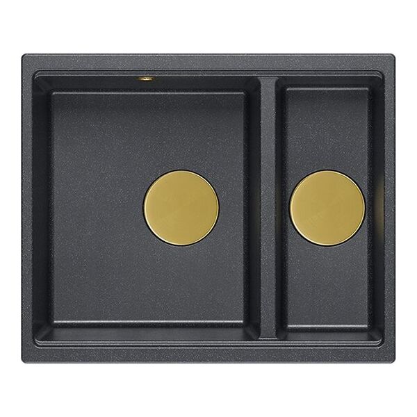 Zlewozmywak GraniteQ QUADRON | LOGAN 150 | granitowy zlewozmywak kuchenny CZARNY + ZŁOTO PVD | wymiary: 56 x 46 x 22 cm | 1,5-komorowy podwieszany | podbudowa szafki od: 60 cm 12945706 5904310998840