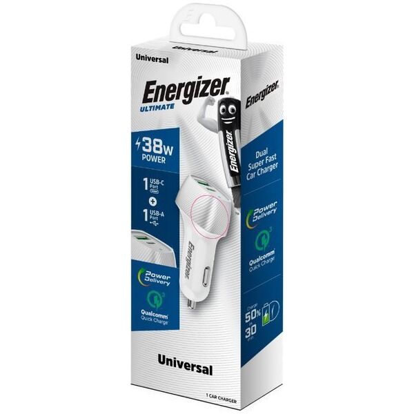 Ładowarka Energizer Energizer Ultimate - Ładowarka samochodowa USB-C & USB-A 38W PD + QC3.0 (Biały / Srebrny) 12996266 3492548233281
