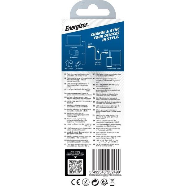 Kabel USB Energizer USB-A - USB-C 2 m Srebrny (C520CKSL) 12996277 3492548232499