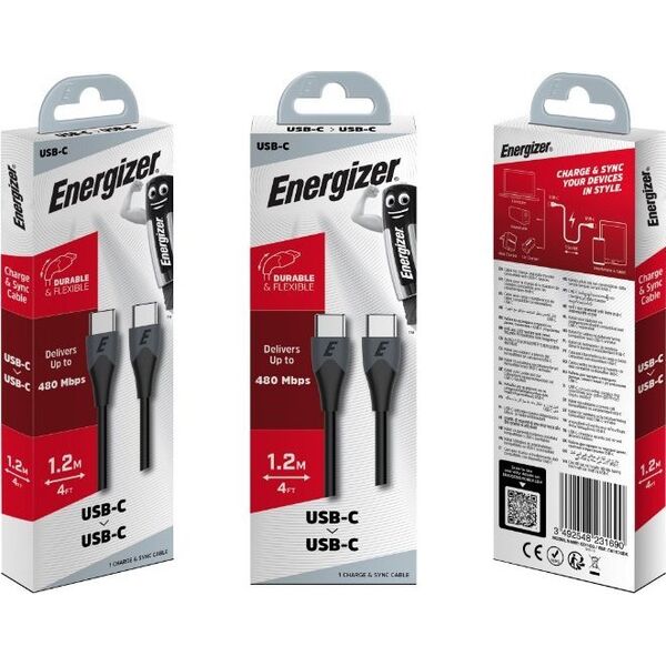 Kabel USB Energizer USB-C - USB-C 1.2 m Czarny (C611CGBK) 12996280 3492548231690