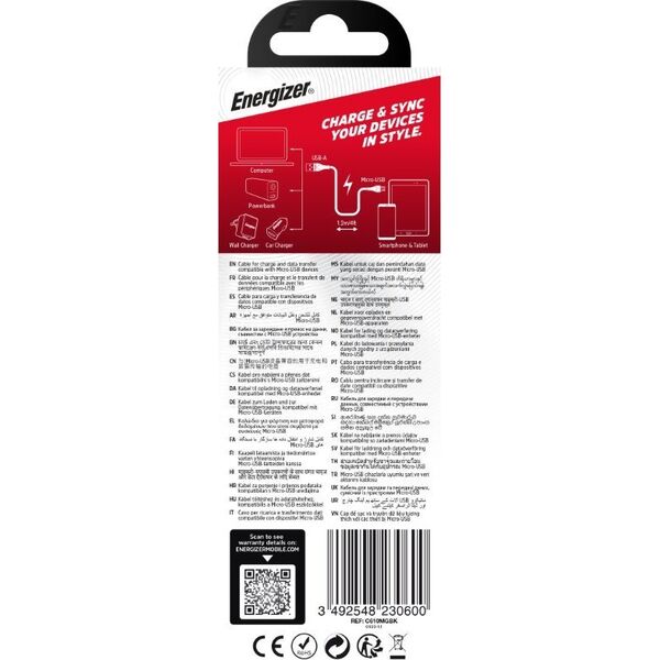 Kabel USB Energizer USB-A - microUSB 1.2 m Czarny (C610MGBK) 12996289 3492548230600