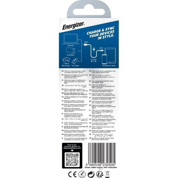 Kabel USB Energizer USB-A - USB-C 2 m Biały (C520CKWH) 12996291 3492548232505
