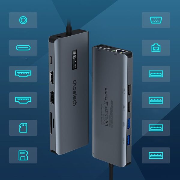 HUB USB Choetech Adapter 12w1 Choetech HUB-M26 USB-C do USB-C+ USB-A+ HDMI+ VGA+ AUX+ SD+ TF (szary) 12996665 6971824978292