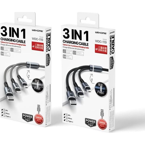 Kabel USB Wekome USB-A - USB-C + microUSB + Lightning 1.2 m Czarny (WK-WDC-119_BLACK) 13026878 6941027613702