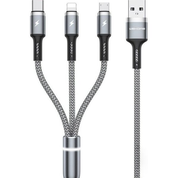 Kabel USB Wekome USB-A - USB-C + microUSB + Lightning 1.2 m Szary (WK-WDC-119_SILVER) 13026879 6941027613719