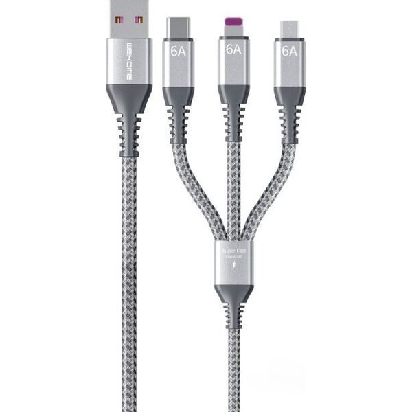 Kabel USB Wekome USB-A - USB-C + microUSB + Lightning 1.2 m Srebrny (WK-WDC-170_SILVER) 13027013 6941027631997