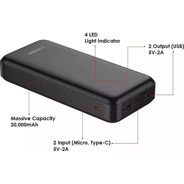 Powerbank 4kom.pl Powerbank Bateria zewnętrzna VEGER A20 - 20 000mAh czarny (W2015) 13029823 6970453554136