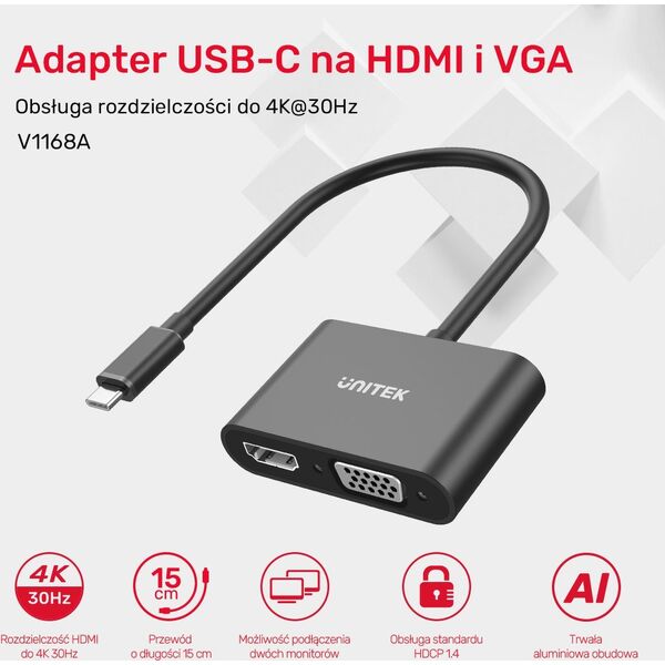 Stacja/replikator Unitek USB-C na HDMI 4K i VGA FullHD (V1168A) 13115015 4894160049339