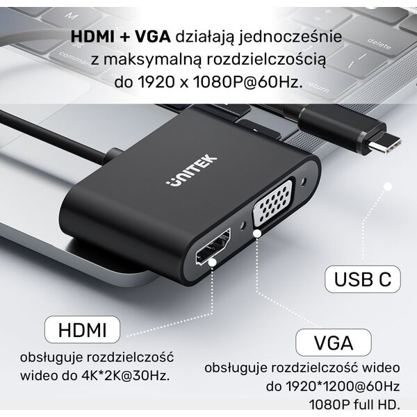 Stacja/replikator Unitek USB-C na HDMI 4K i VGA FullHD (V1168A) 13115015 4894160049339