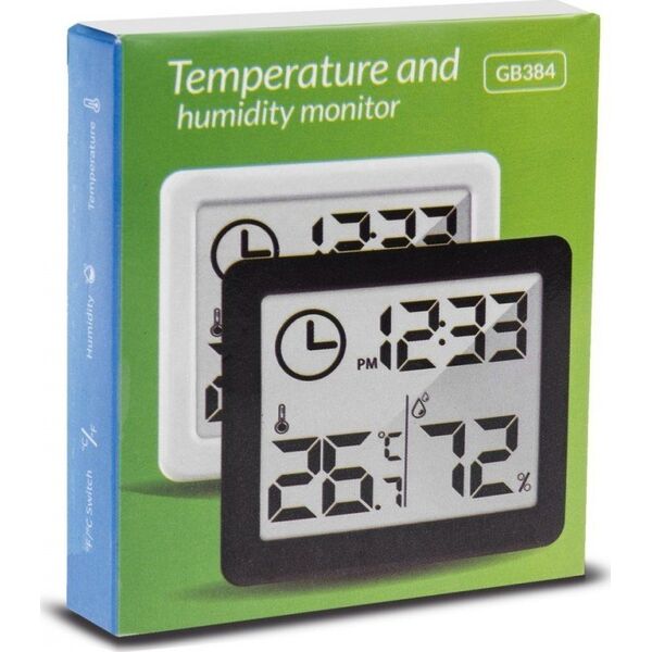 GreenBlue Termometr/higrometr z funkcjš zegara GB384B Czarny 13122984 5902211130796