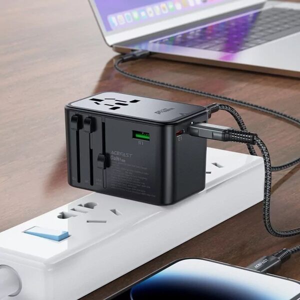 Ładowarka Acefast Multifunkcyjna ładowarka sieciowa podróżna Acefast Z1, 2xUSB-A, 3xUSB-C, GaN, 67W, US/EU/UK/AU (czarna) 13132514 6974316282495