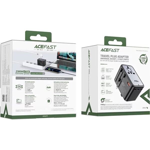 Ładowarka Acefast Multifunkcyjna ładowarka sieciowa podróżna Acefast Z1, 2xUSB-A, 3xUSB-C, GaN, 67W, US/EU/UK/AU (czarna) 13132514 6974316282495