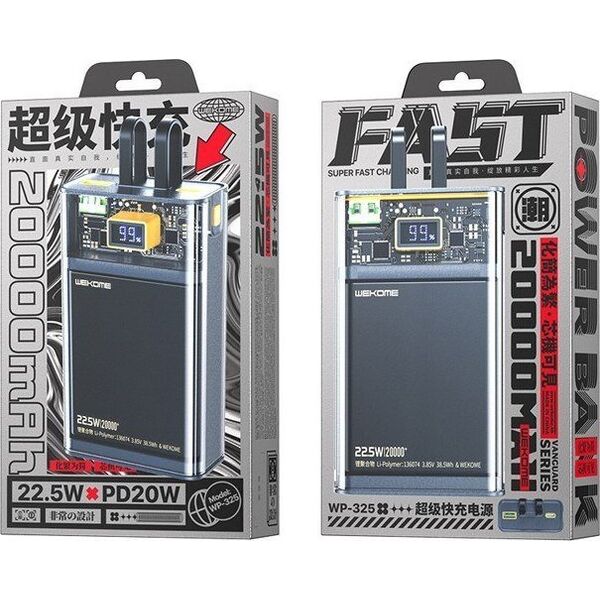 Powerbank Wekome Power bank WP-325 Vanguard Series - 20000 mAh Super Charging z wbudowanym kablem USB-C & Lightning PD 20W + QC 22.5W (Czarny / Przezroczysty) 13146685 6941027632253