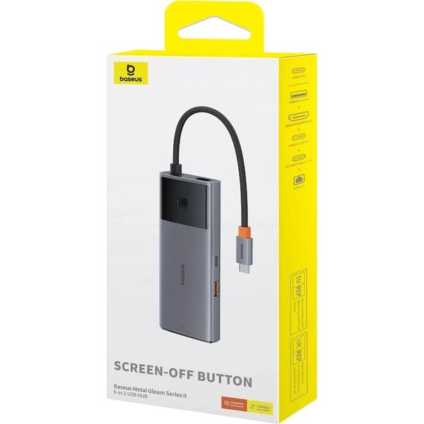 HUB USB Baseus Hub 6w1 Baseus Metal Gleam 2 Series, USB-C do 2xUSB 3.0 +USB-C + HDMI + USB-C PD + Ethernet RJ45 13168147 6932172643294
