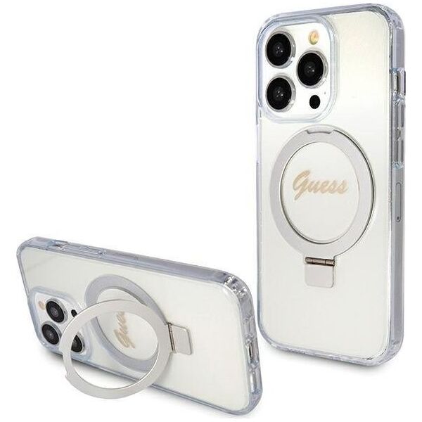 Guess Guess GUHMP15LHRSGSD iPhone 15 Pro 6.1" przezroczysty/transparent hardcase Ring Stand Script Glitter MagSafe 13171309 3666339156626