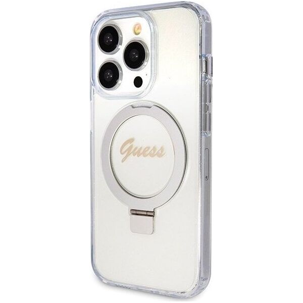Guess Guess GUHMP15LHRSGSD iPhone 15 Pro 6.1" przezroczysty/transparent hardcase Ring Stand Script Glitter MagSafe 13171309 3666339156626