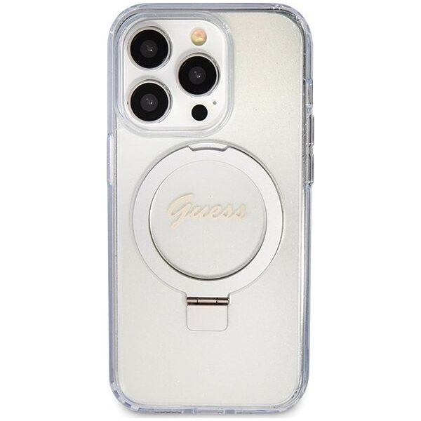Guess Guess GUHMP15LHRSGSD iPhone 15 Pro 6.1" przezroczysty/transparent hardcase Ring Stand Script Glitter MagSafe 13171309 3666339156626