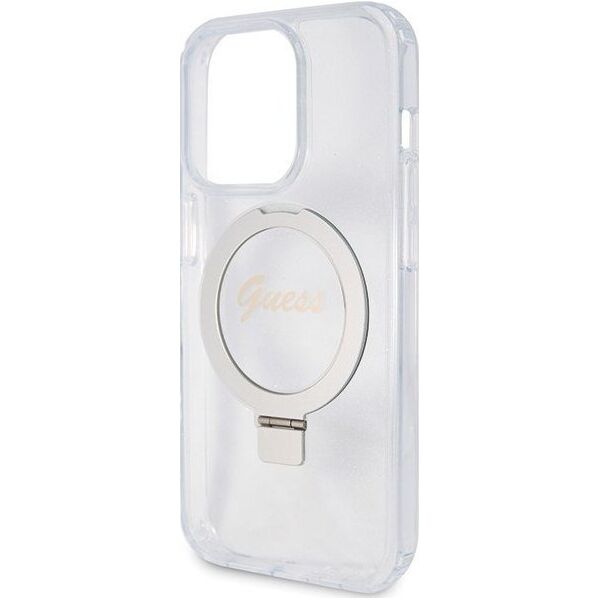 Guess Guess GUHMP15LHRSGSD iPhone 15 Pro 6.1" przezroczysty/transparent hardcase Ring Stand Script Glitter MagSafe 13171309 3666339156626