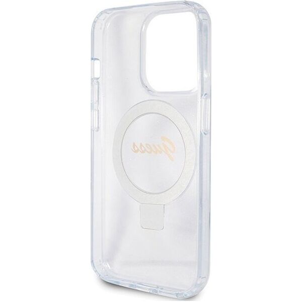 Guess Guess GUHMP15LHRSGSD iPhone 15 Pro 6.1" przezroczysty/transparent hardcase Ring Stand Script Glitter MagSafe 13171309 3666339156626