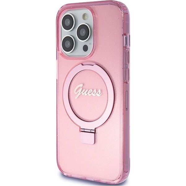 Guess Guess GUHMP15LHRSGSP iPhone 15 Pro 6.1" różowy/pink hardcase Ring Stand Script Glitter MagSafe 13171315 3666339156480