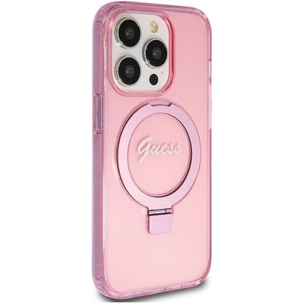 Guess Guess GUHMP15LHRSGSP iPhone 15 Pro 6.1" różowy/pink hardcase Ring Stand Script Glitter MagSafe 13171315 3666339156480
